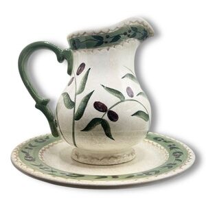 Oliveto by Oneida Vintage Stoneware Hand painted Pitcher & 11” Platter/Plate